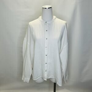 Eileen Fisher White Organic Handkerchief Linen Classic Band Collar Shirt Large
